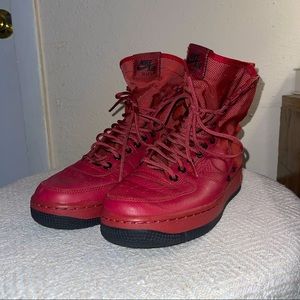 Red Nike AF1 high top sneakers